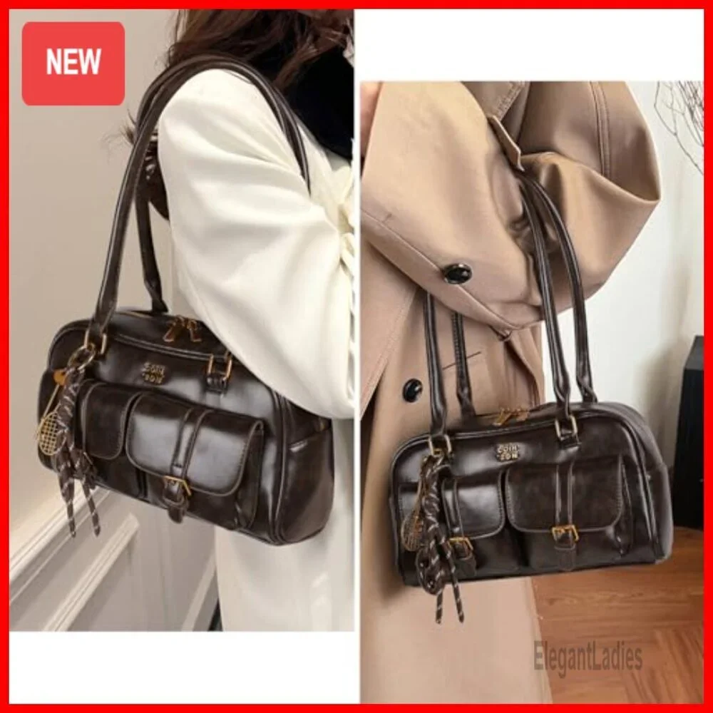 Retro Y2K Shoulder Bag with Multiple Pockets, PU Leather, Top Handle